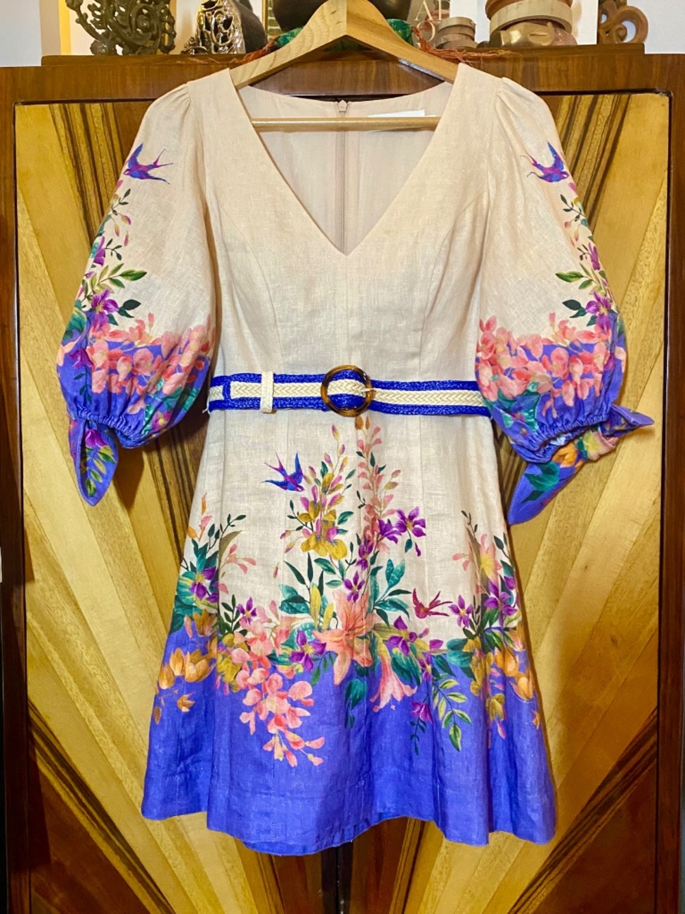 Zimmermann Tropicana Tie Sleeve Mini Floral Linen Belted Dress Size 0 AU / US 2 - Picture 3 of 11